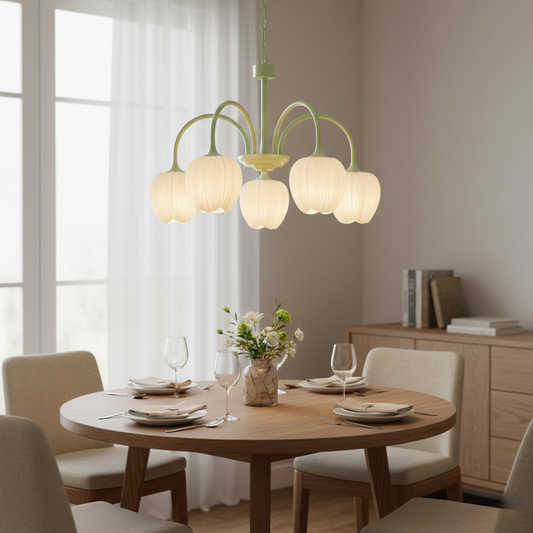 Modern Tulip Chandelier – Matcha Metal and White Glass Ceiling Light