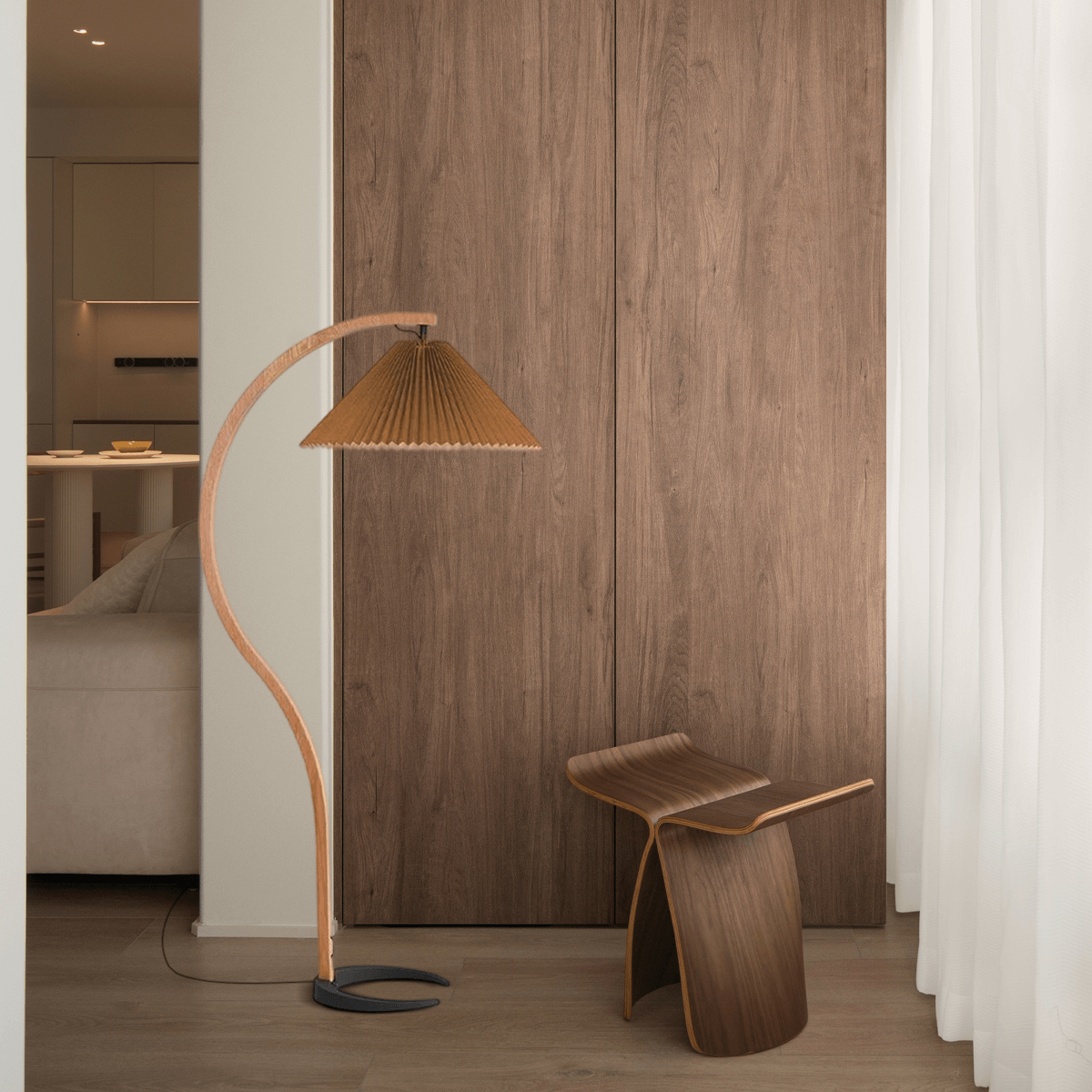Modern Coffee Floor Lamp Wood Fabric