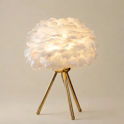 Art Deco Table Lamp – Feather& Metal Tripod Base for Children's Room/Bedroom