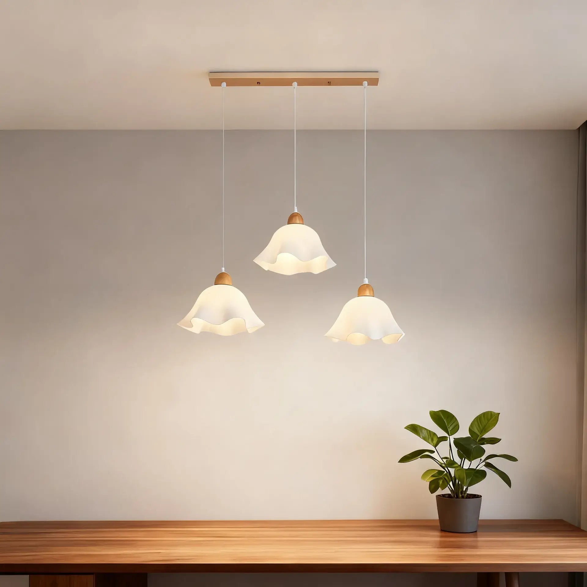 Crema Nordic Flower LED Pendant Light – White Wood/Acrylic for Dining Room