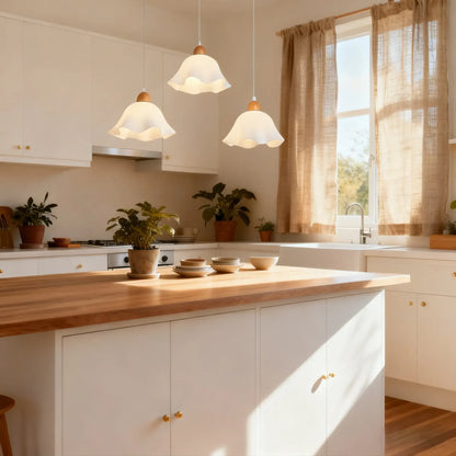 Crema Nordic Flower LED Pendant Light – White Wood/Acrylic for Dining Room