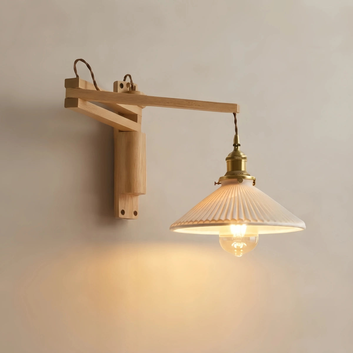 Irondale Vintage Conical Wall Lamp — Walnut Wood & Ceramic Shade for Bedroom