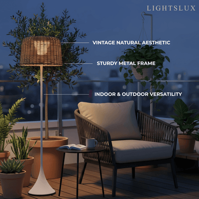 Bamburo Vintage Rattan Solar Outdoor Floor Lamp – Black Metal Hooded Terrace