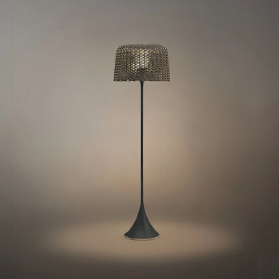 Bamburo Vintage Rattan Solar Outdoor Floor Lamp – Black Metal Hooded Terrace