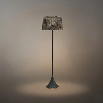 Bamburo Vintage Rattan Solar Outdoor Floor Lamp – Black Metal Hooded Terrace