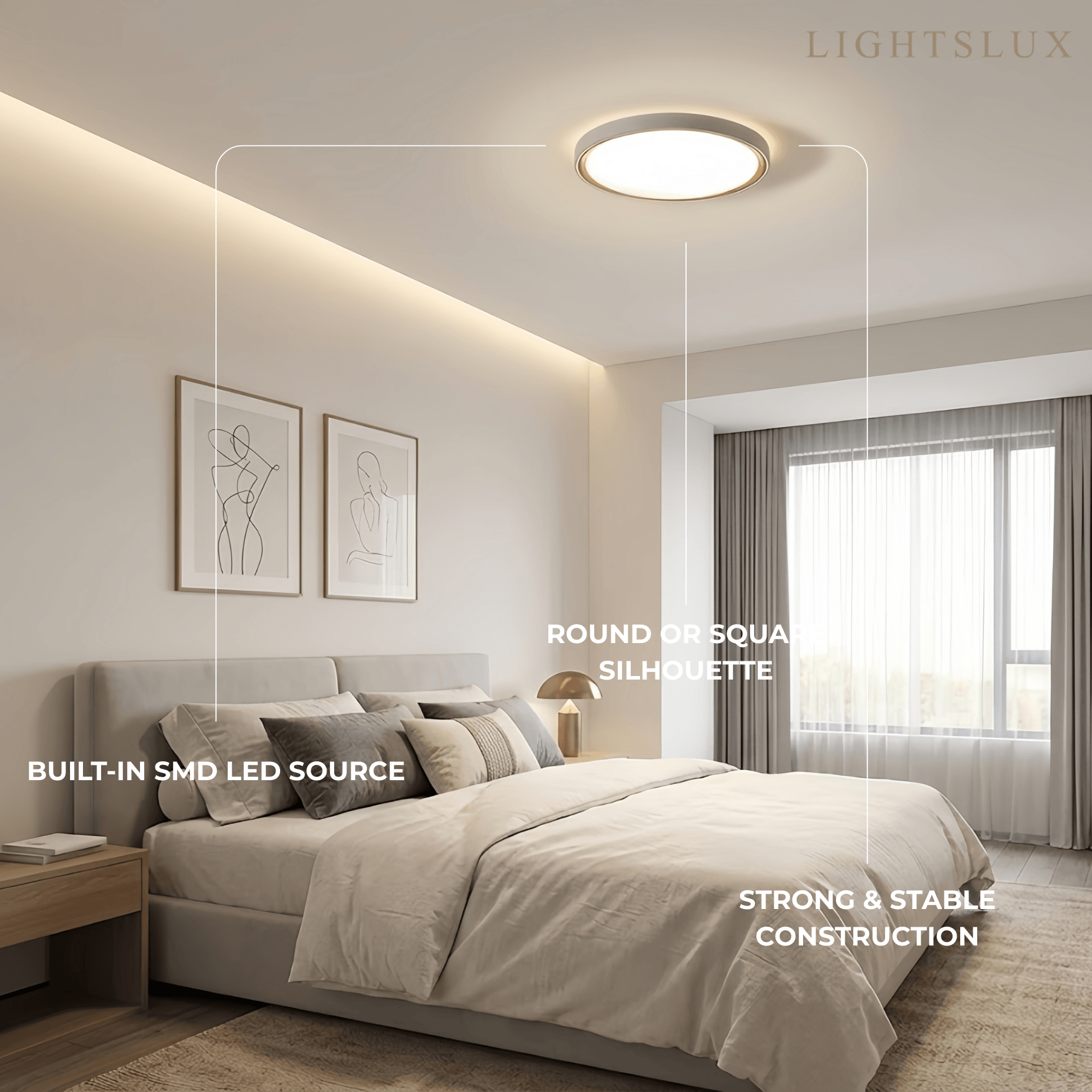 Moderne graue Deckenleuchte „Embrace“ – Metallrahmen, quadratisch/rund, fürs Schlafzimmer