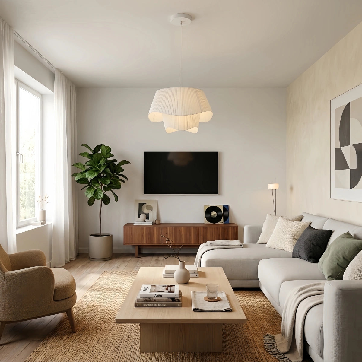  Pendant Light — White Metal Frame with Fabric Shade
