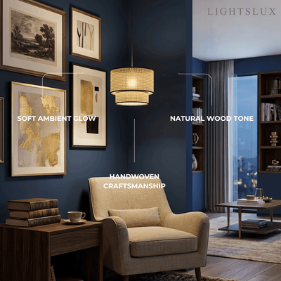 Rattan Pendant Light - Double-Layer Wood Lantern 