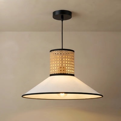 Bamburo Farmhouse Hooded Pendant Light — Fabric & Rattan for Dining Room