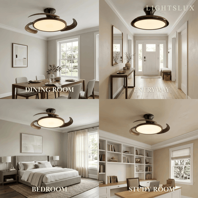 Modern Ceiling Fan Light -- Walnut Wood & Black PVC with LED Indoor