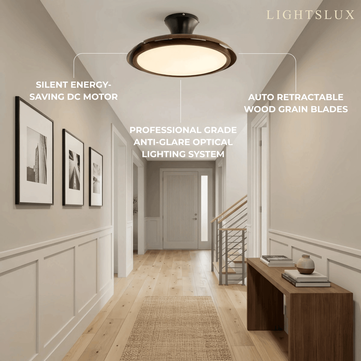 Sandora Modern Ceiling Fan Light -- PVC Acrylic Walnut Wood Black for Hallway