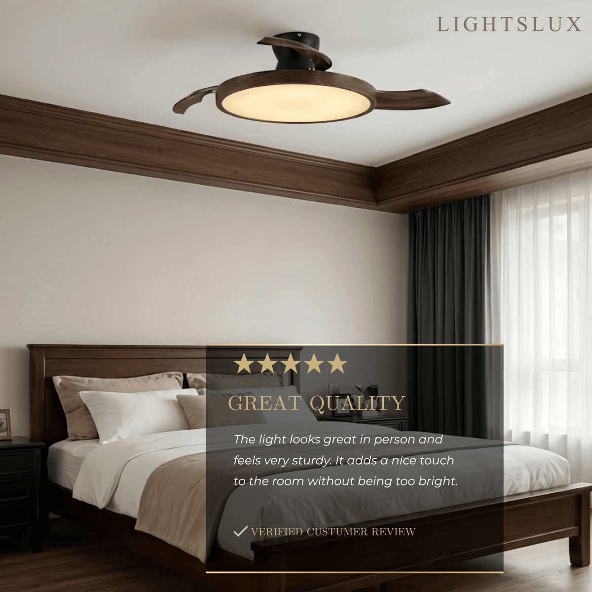 Modern Ceiling Fan Light -- PVC Acrylic Walnut Wood Black for Bedroom