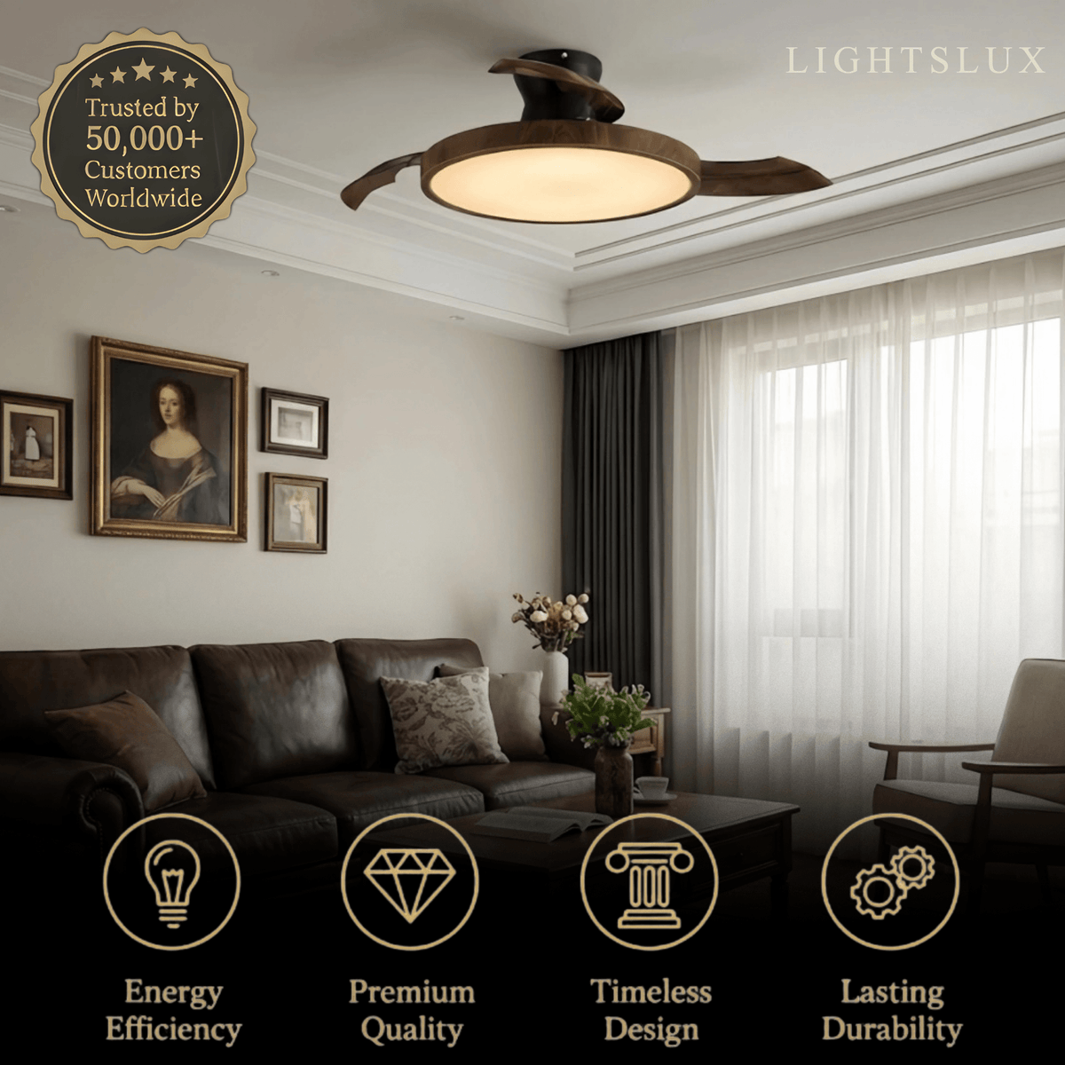 Sandora Modern Ceiling Fan Light -- PVC Acrylic Walnut Wood Black for Bedroom