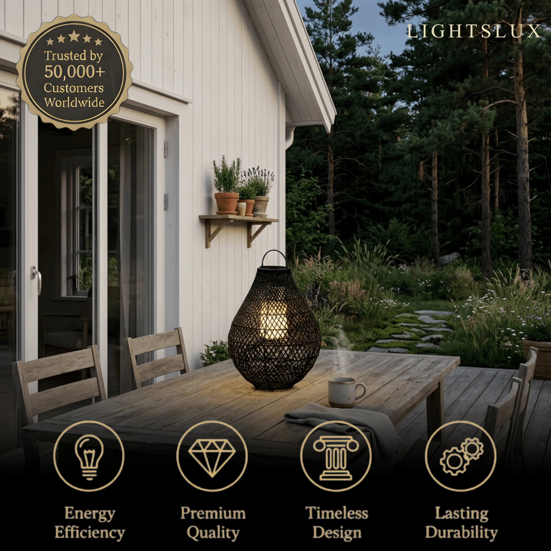 Natural Handwoven Rattan Solar Lantern Floor Lamp -- Black for Garden