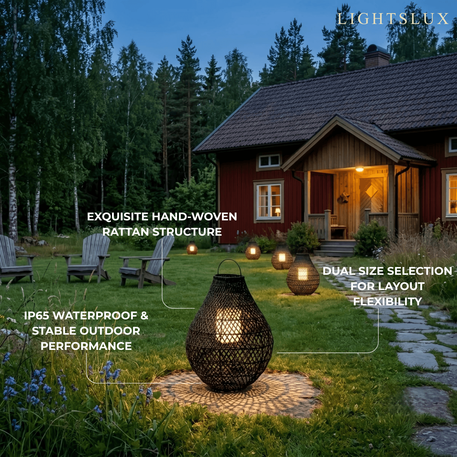 Solara Natural Handwoven Rattan Solar Lantern Floor Lamp -- Black for Lawn