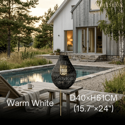 Solara Natural Handwoven Rattan Solar Lantern Floor Lamp -- Black for Garden