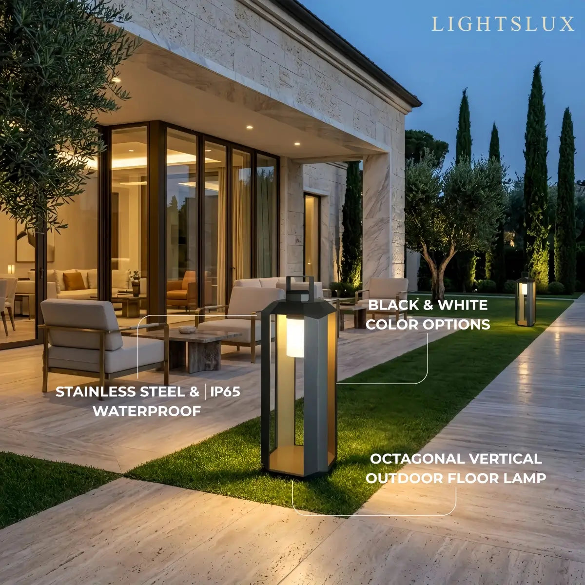 Solara Minimalist Ground Lamp -- Stainless Steel & Glass Black/White for  Garden