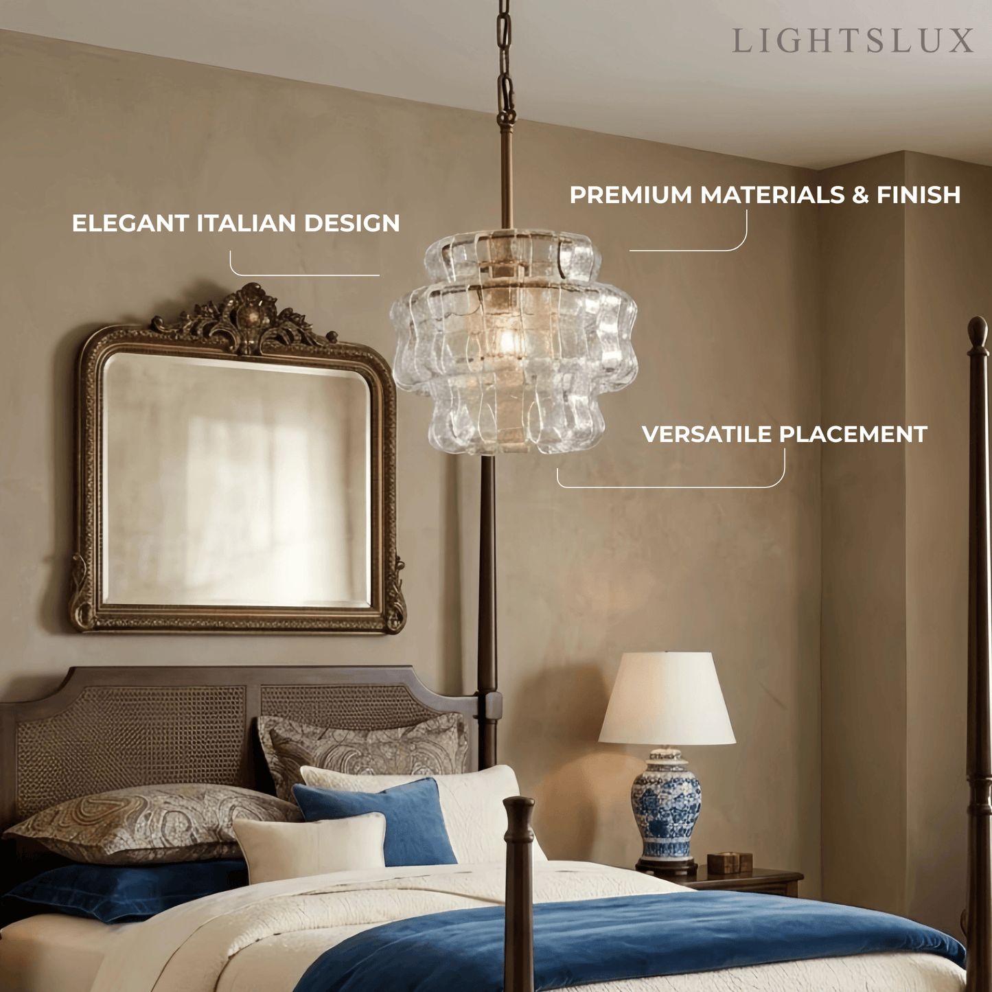 Art Deco Pendant Light -- Curved Textured Glass & Electroplated Brass
