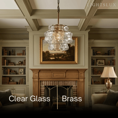 Art Deco Pendant Light -- Curved Textured Glass & Electroplated Brass