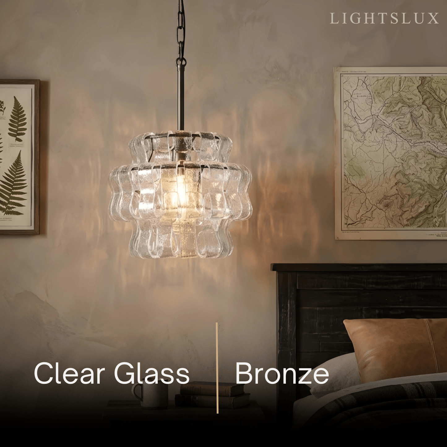 Art Deco Pendant Light -- Curved Textured Glass & Electroplated Brass