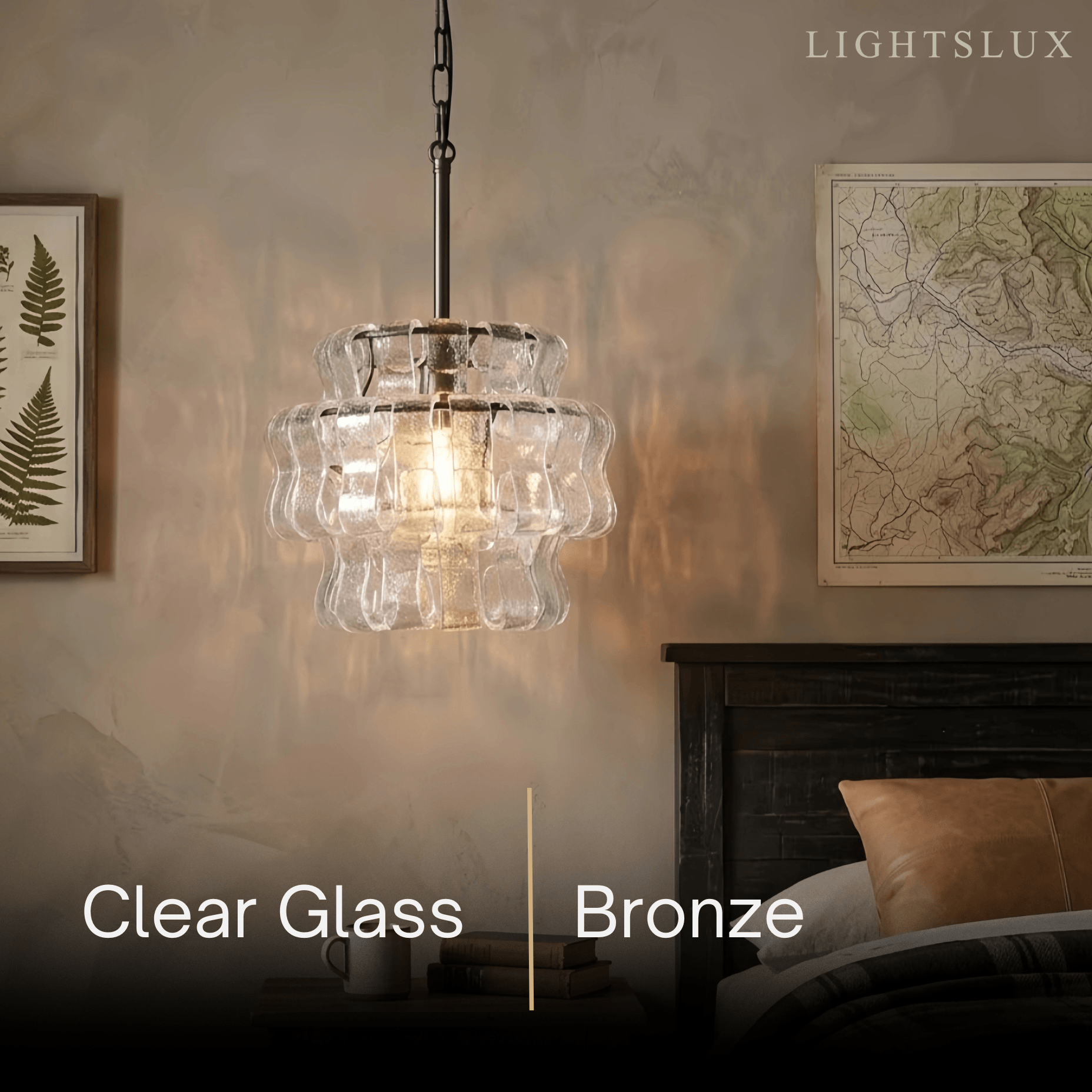 Art Deco Pendant Light -- Curved Textured Glass & Electroplated Brass