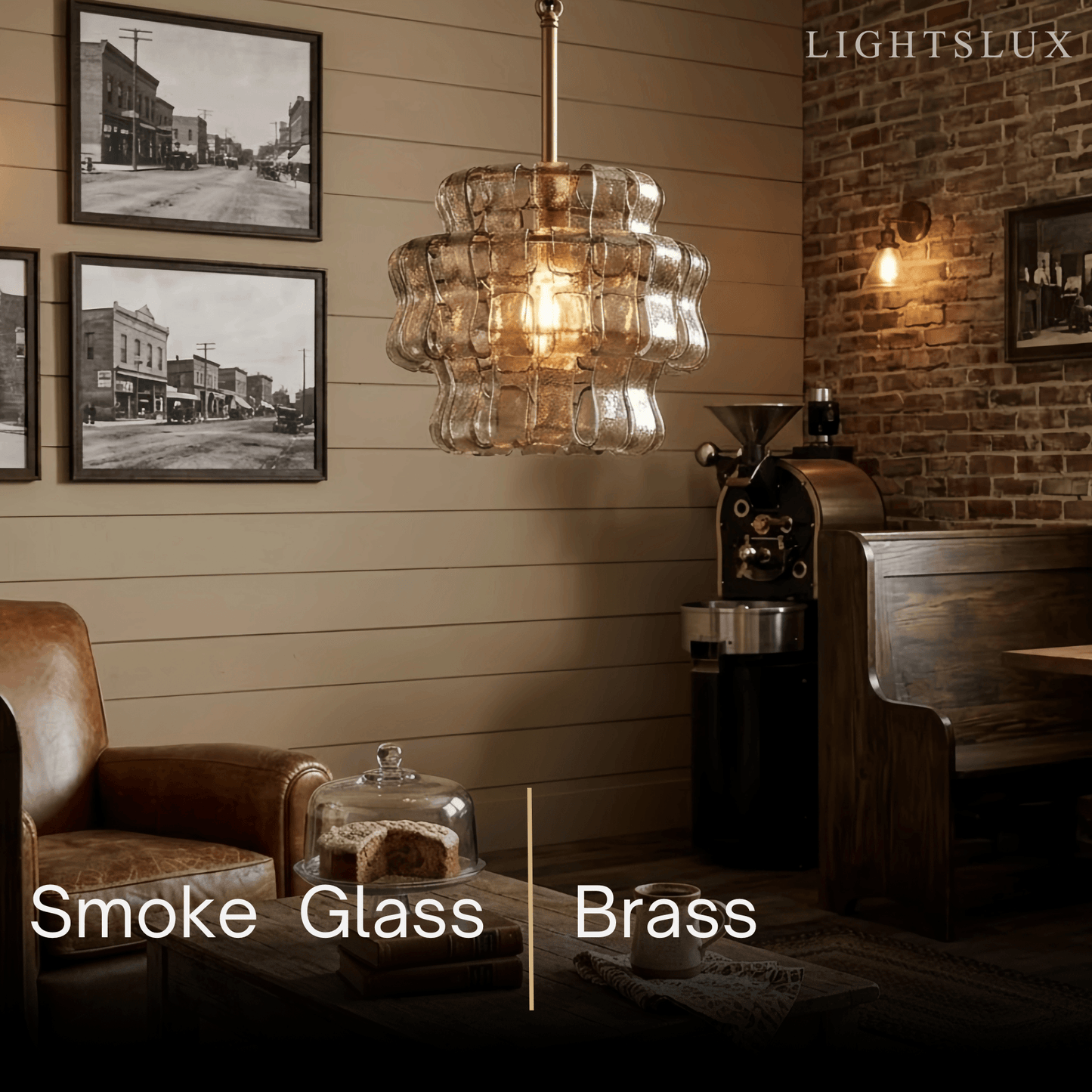 Art Deco Pendant Light -- Curved Textured Glass & Electroplated Brass