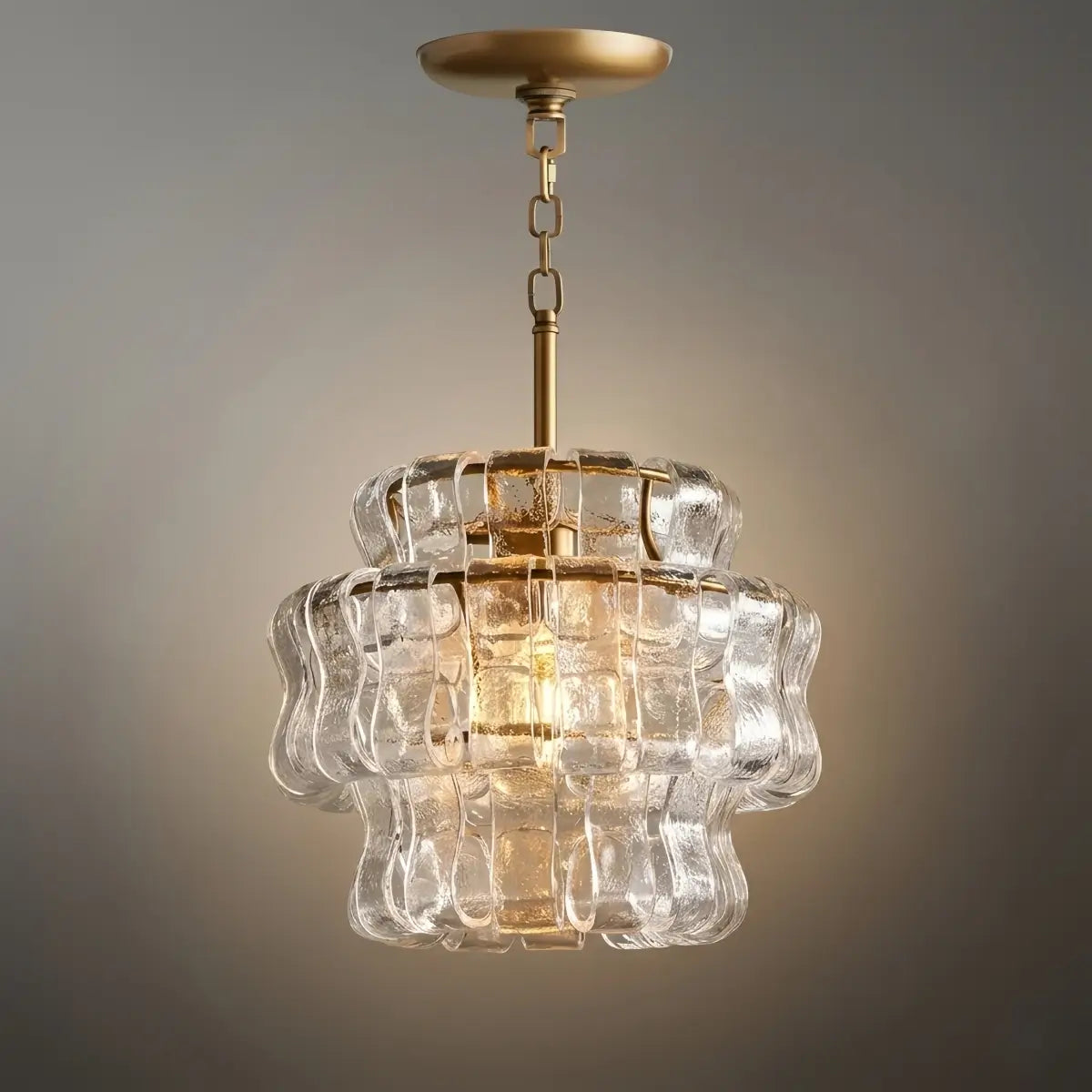 Art Deco Pendant Light -- Curved Textured Glass & Electroplated Brass