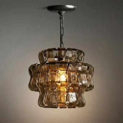 Art Deco Pendant Light -- Curved Textured Glass & Electroplated Brass