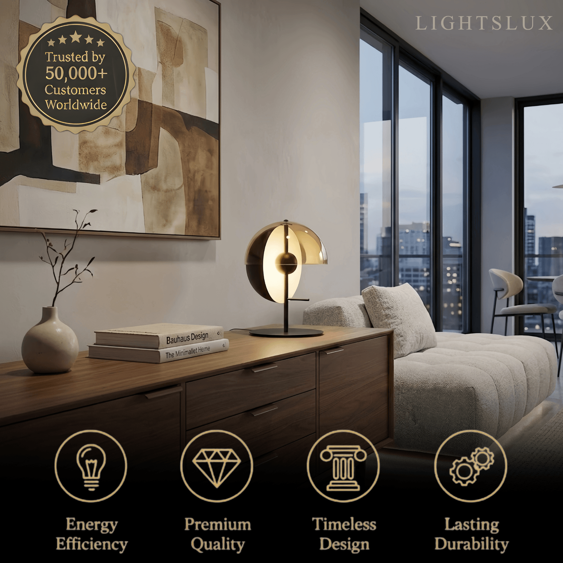 Modern Table Lamp – Iron & Glass Intersecting Hemisphere 