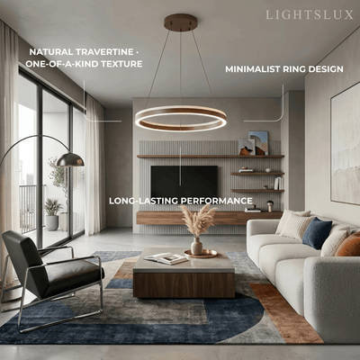 Minimalist Ring Chandelier – Travertine & Wood Walnut Beige