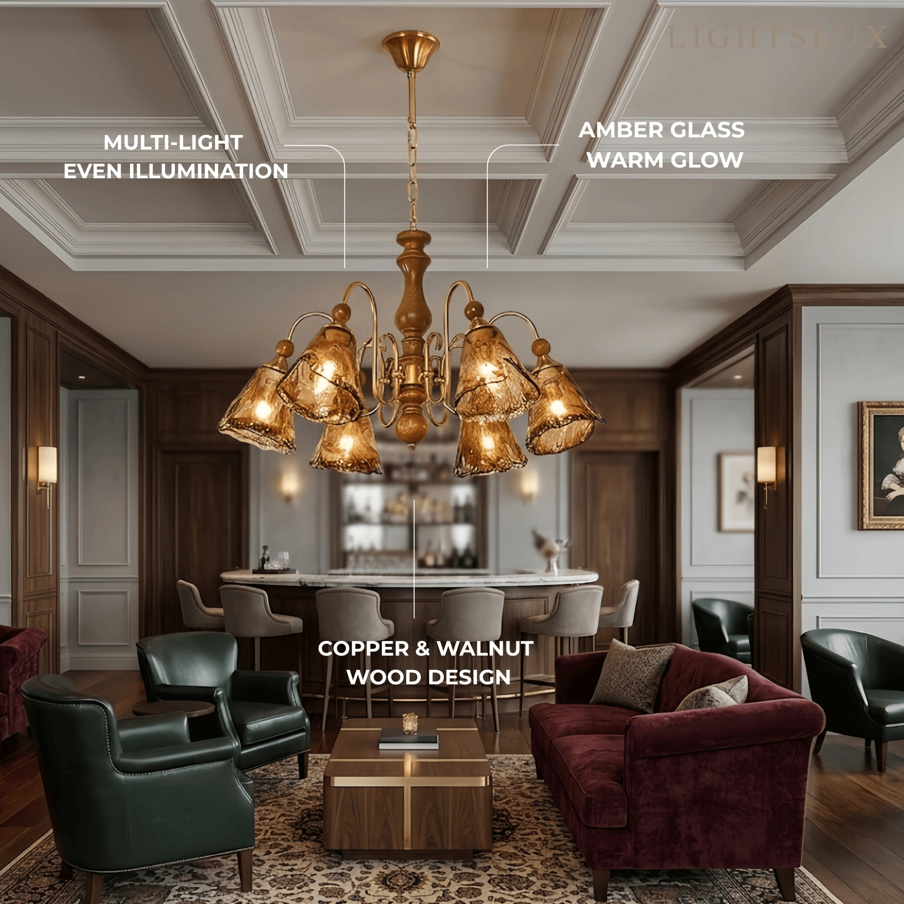 Vintage Multi-Light Ceiling Light — Metal, Glass & Wood with Copper & Walnut