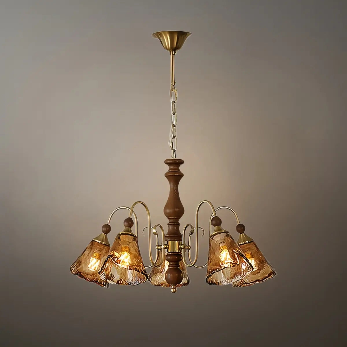 Vintage Multi-Light Ceiling Light — Metal, Glass & Wood with Copper & Walnut