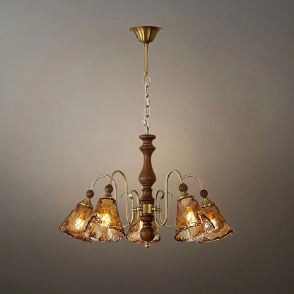 Vintage Multi-Light Ceiling Light — Metal, Glass & Wood with Copper & Walnut