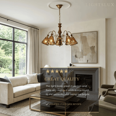 Vintage Multi-Light Ceiling Light — Metal, Glass & Wood with Copper & Walnut
