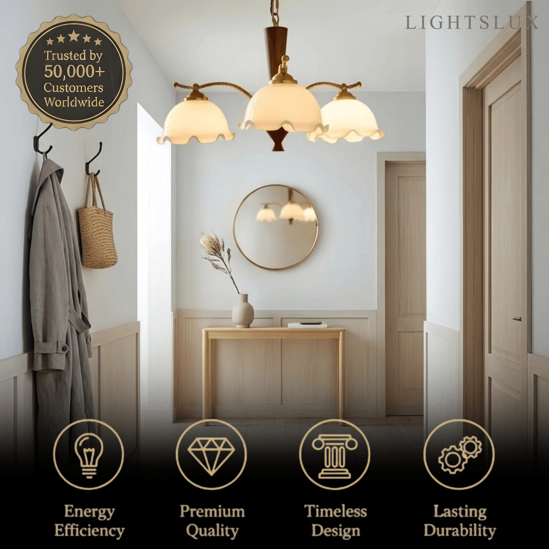  Excelis Iron Glass Walnut Wood Chandelier 