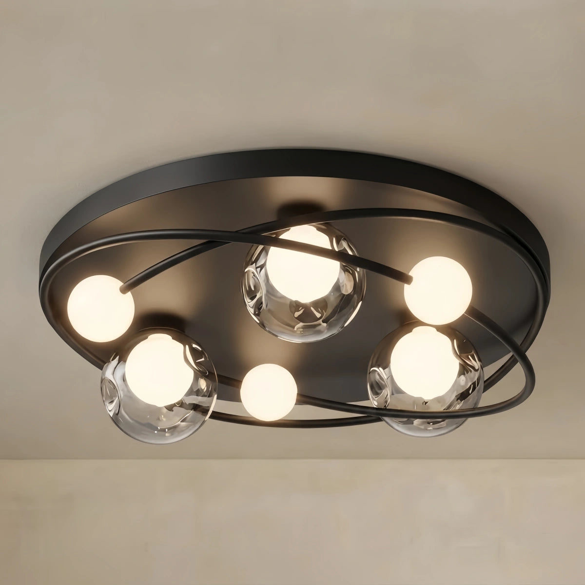 Modern Flush Mount Ceiling Light --Iron&Glass Black,Smoke Grey for Bedroom Living Room