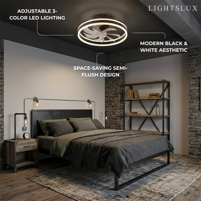 Vivara Moderner Semi-Flush Deckenventilator mit Licht – Geräuscharm, Eisen, ABS, Schwarz-Weiß, für Schlafzimmer