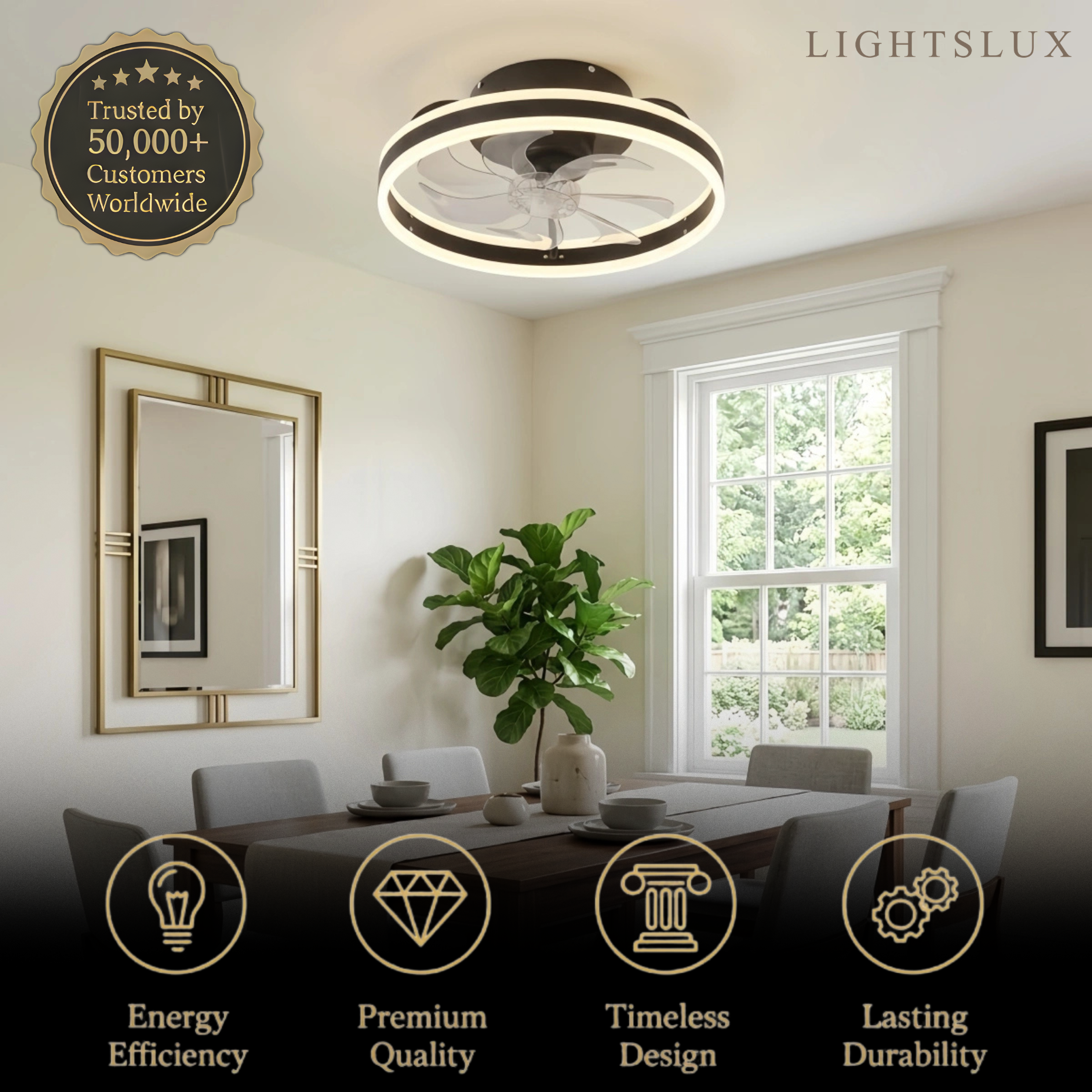 Vivara Moderner Semi-Flush Deckenventilator mit Licht – Geräuscharm, Eisen, ABS, Schwarz-Weiß, für Schlafzimmer