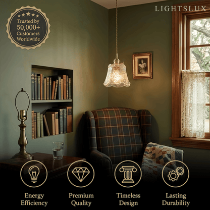 Classic Brass Glass Pendant Light -- Walnut Wood Accent