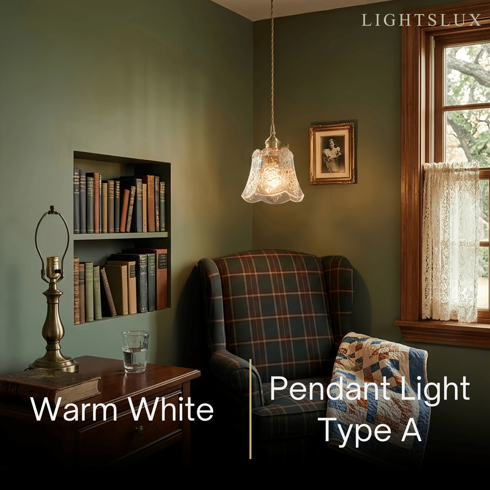 Classic Brass Glass Pendant Light -- Walnut Wood Accent