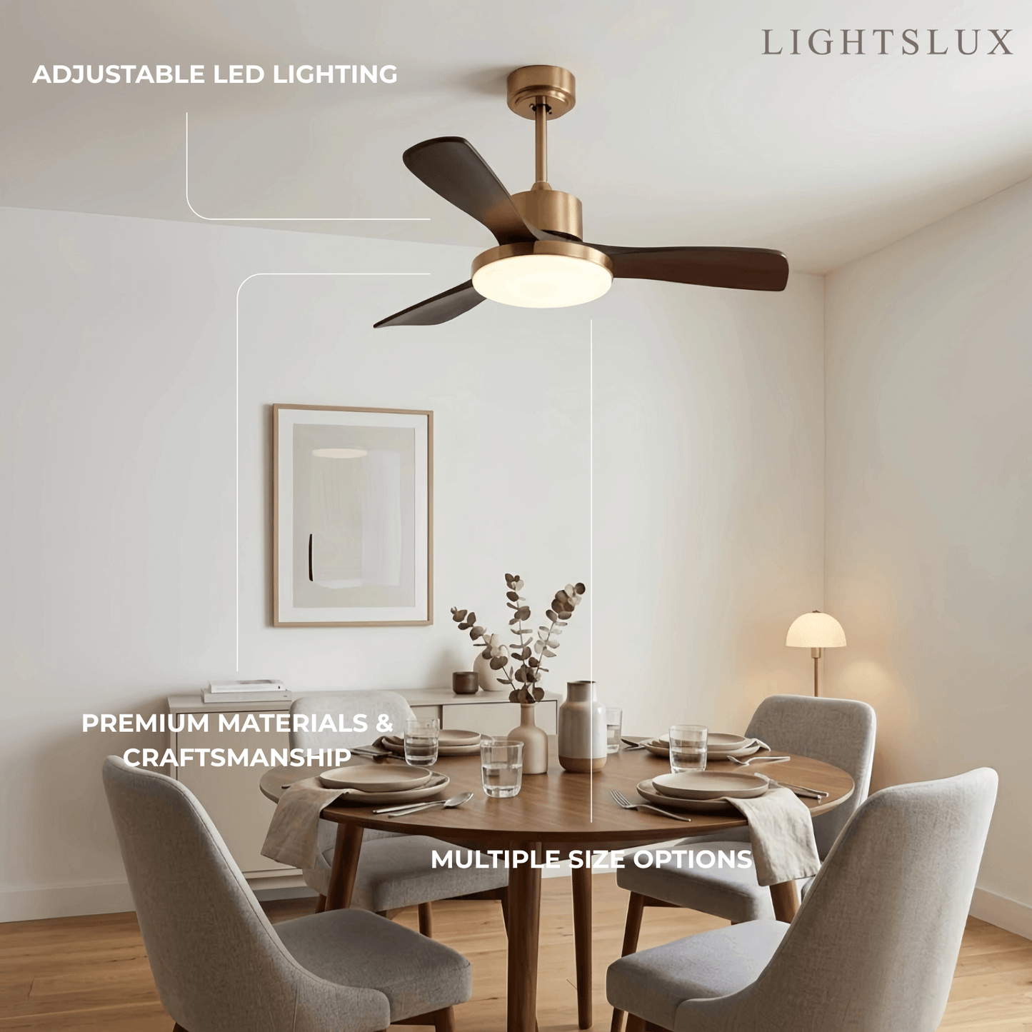 Modern Ceiling Fan Light with LED -- Walnut Wood & Gold