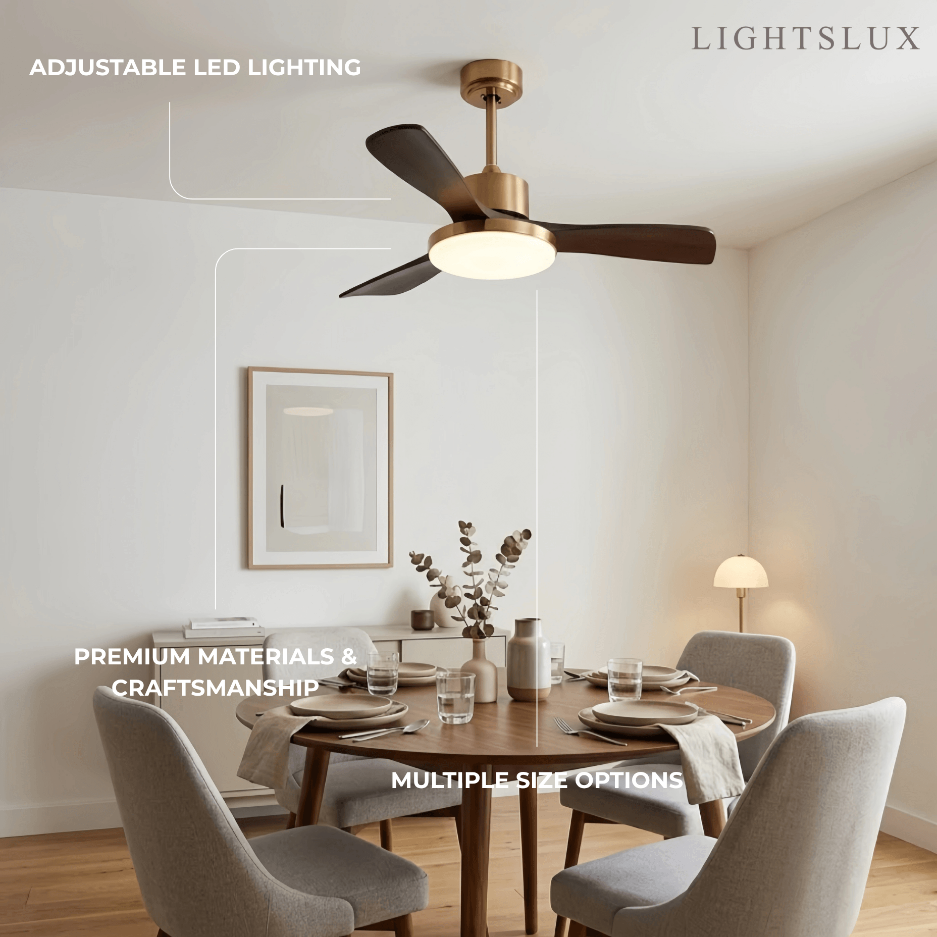 Modern Ceiling Fan Light with LED -- Walnut Wood & Gold