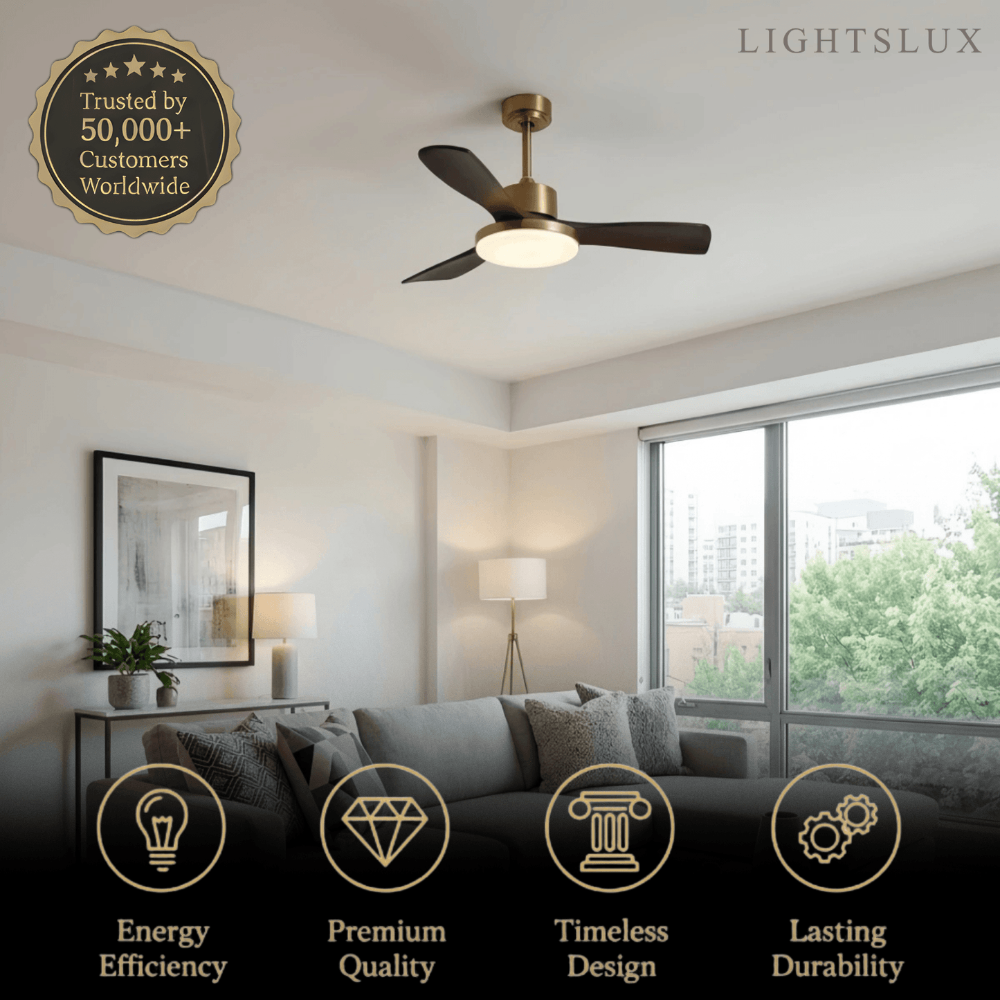 Modern Ceiling Fan Light with LED -- Walnut Wood & Gold