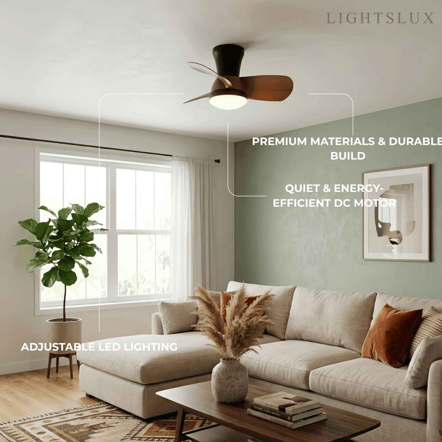 Modern Ceiling Fan Light with LED -- Walnut Wood & Black