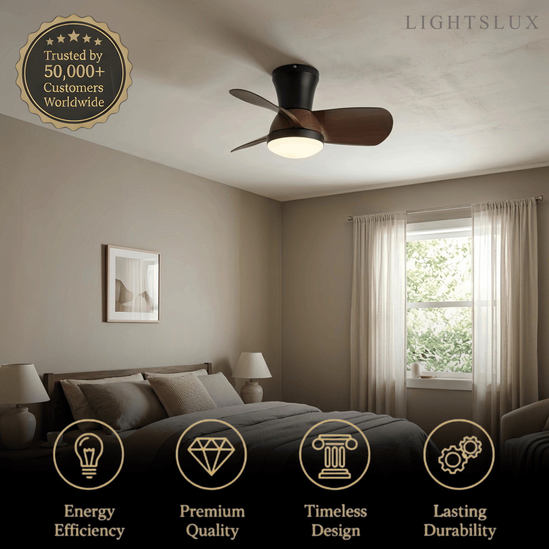 Modern Ceiling Fan Light with LED -- Walnut Wood & Black