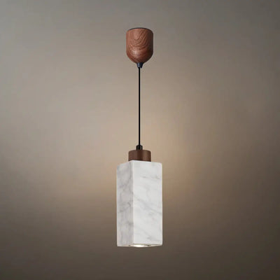 Modern Rectangular Travertine Pendant Light -- Natural Stone & Wood