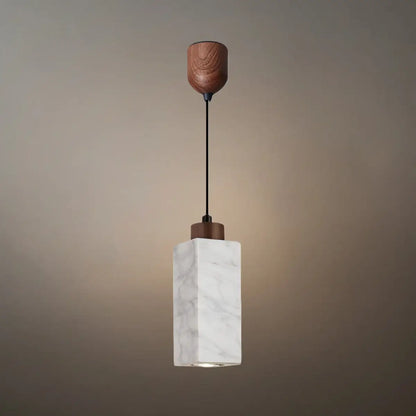 Modern Rectangular Travertine Pendant Light -- Natural Stone & Wood