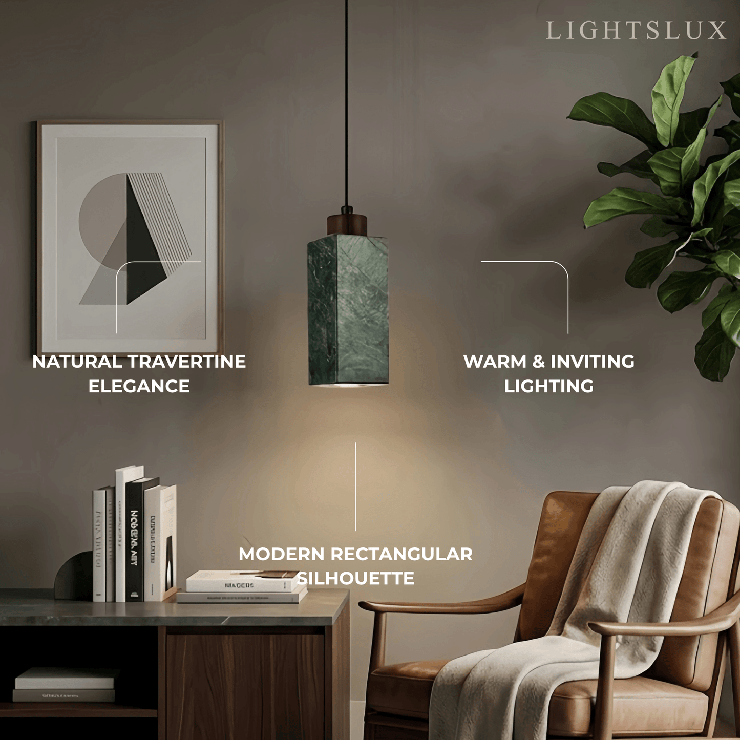 Modern Rectangular Travertine Pendant Light -- Natural Stone & Wood