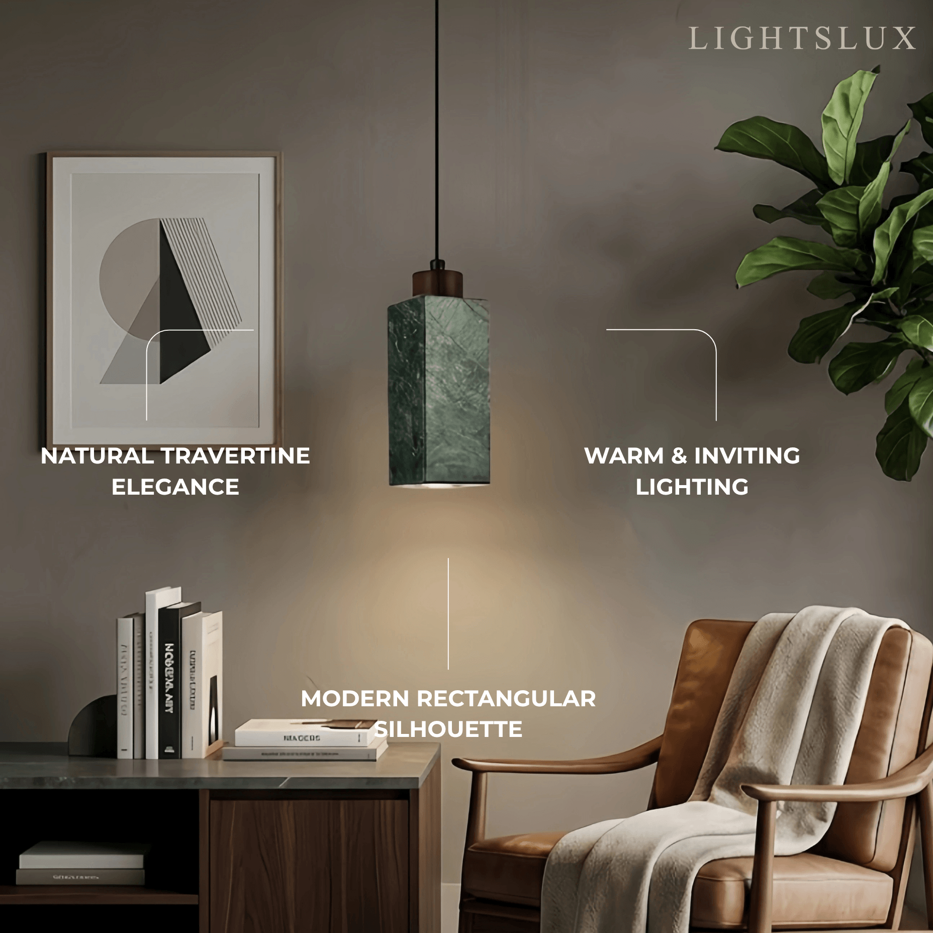 Modern Rectangular Travertine Pendant Light -- Natural Stone & Wood
