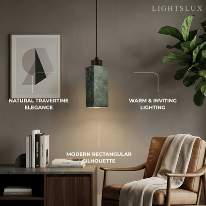 Modern Rectangular Travertine Pendant Light -- Natural Stone & Wood